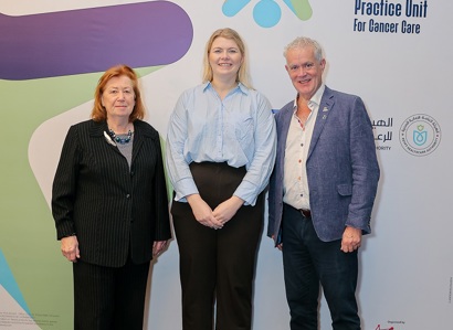 A photo of Professor Sarah O’Dwyer, Rachel Chown and Professor Mark Saunders from The Christie.