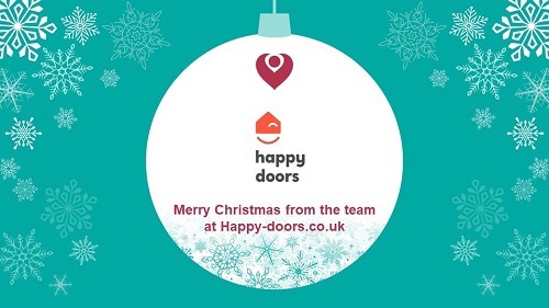 A graphic of a Christmas bauble reading 'Happy Doors: Merry Christmas from the team at Happy-doors.co.uk'.