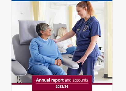 An image of the cover of The Christie's Annual report and accounts for the year 2023 to 2024. The cover features a photo of a female patient sitting in a chair, looking up at a female nurse.