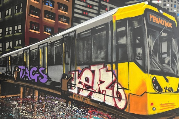 A phot of a mural painting of a Manchester Metrolink tram for The Christie hospital’s Teenage and Young Adult service.