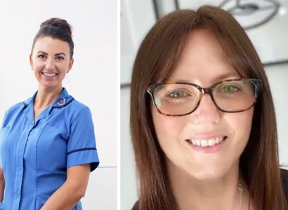 A photo of Christie Lead Colorectal/Peritoneal Tumour Clinical Nurse Specialist Rebecca Halstead on the left and a photo of Christie patient Becky Maskill on the right.