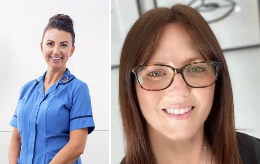 A photo of Christie Lead Colorectal/Peritoneal Tumour Clinical Nurse Specialist Rebecca Halstead on the left and a photo of Christie patient Becky Maskill on the right.