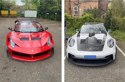 2 photos of supercars; on the left is a red Ferrari 458 and on the right is a grey Porsche 911 GT3.