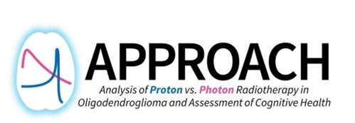 A logo for the APPROACH trial, reading 'Analysis of proton vs photon radiotherapy in oligodendroglioma and assessment of cognitive health.