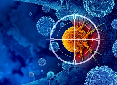 A 3D render graphic showing cancer detection and screening as a treatment for malignant cells with a biopsy or testing caused by carcinogens and genetics with a cancerous cell as an immunotherapy symbol.