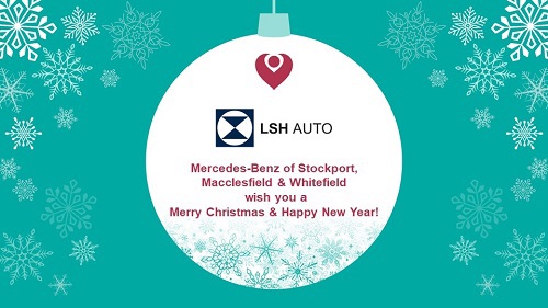 A graphic of a Christmas bauble reading 'LSH Auto: Mercedez-Benz of Stockport, Macclesfield and Whitefield wish you a Merry Christmas and a Happy New Year'.