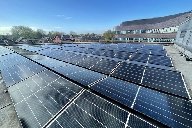 A photo of the new solar panels on the roof of The Christie.