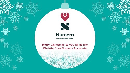 A graphic of a Christmas bauble reading 'Numero, Outsourced legal Cashiers: Merry Christmas to you all at The Christie from Numero Accounts'.