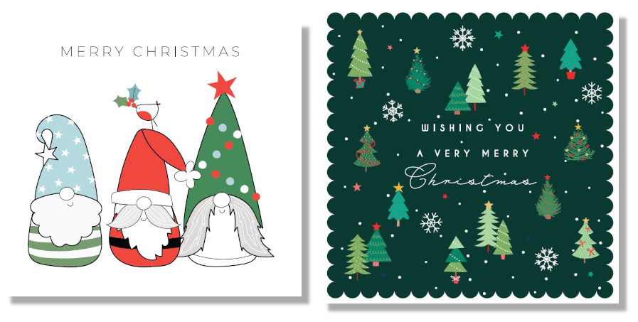 An image displaying 2 Christie Charity Christmas cards; on the left, a card with 3 colourful gonk figures and reading 'Merry Christmas'; on the right, a dark green card with trees and reading 'Wishing you a very merry Christmas'.