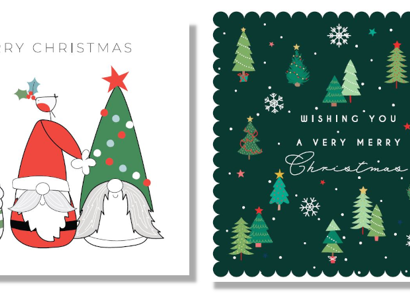 An image displaying 2 Christie Charity Christmas cards; on the left, a card with 3 colourful gonk figures and reading 'Merry Christmas'; on the right, a dark green card with trees and reading 'Wishing you a very merry Christmas'.