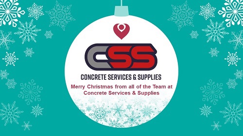 A graphic of a Christmas bauble reading 'CSS: Concrete Services and Supplies. Merry Christmas from all of the Team at Concrete Services and Supplies.'