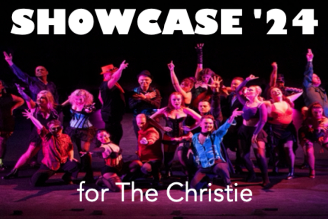 A photo of an amateur theatre group on a darkened stage with white text reading 'Showcase 24 for The Christie'.