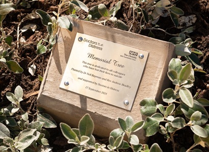 A photo of a Memorial Tree Doctors in Distress plaque at The Christie, reading "This tree is dedicated to all colleagues who have lost their lives to suicide. Planted by Dr Neil Bayman and Rev Andrew Bradley and supported by Doctors in Distress. 17 September 2024".