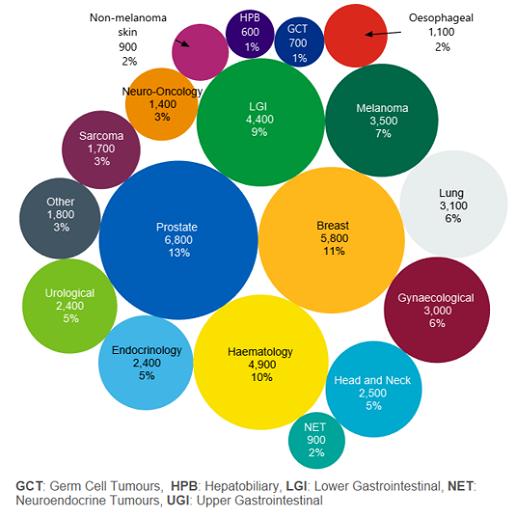 A graph showing a breakdown of Christie patients by disease group. The most common cancer types are prostate cancers seen in 13% of our patients and breast cancers seen in 11% of patients. Haematological cancers are seen in 10% of patients, lower gastric intestinal cancers are seen in 9% of patients, melanoma is seen in 7% of patients, gynaecological cancers are seen in 6% of patients, lung cancers are seen in 6% of patients, endocrinology cancers and other endocrinology related issues are seen in 7% of patients, head and neck cancers are seen in 5% of patients, non-prostate urological cancers are seen in 5% of patients, neuro-oncology cancers are seen in 3% of patients, sarcomas are seen in 3% of patients, non-melanoma skin cancers are seen in 2% of patients, other very rare cancers and benign tumours are seen in 3% of patients, oesophageal cancers are seen in 2% of patients, hepatobiliary tract cancers are seen in 1% of patients, and germ cell tumours are seen in 1% of patients.